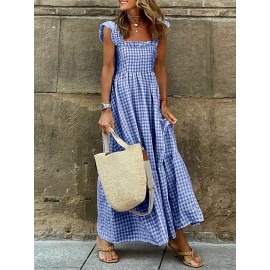 Women Gingham Ruffle Square Collar Tiered Sleeveless Dress