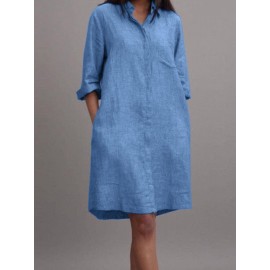 Women Plain Lapel Concealed Placket Casual Shirt Dress