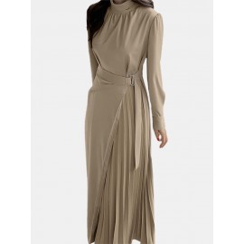 Solid Irregular Pleated Adjustable Belt Long Sleeve Dress