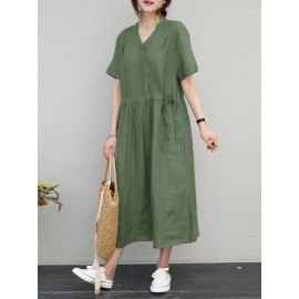 Women Solid Notched Neck Drawstring Waist Short Sleeve Dress