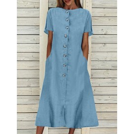 Women Solid Button Front Short Sleeve Denim Shirt Dress