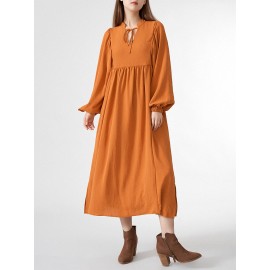 Solid Slit Tie Front Long Sleeve V-neck Casual Dress