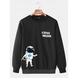 Mens Cartoon Astronaut Print Crew Neck Loose Pullover Sweatshirts