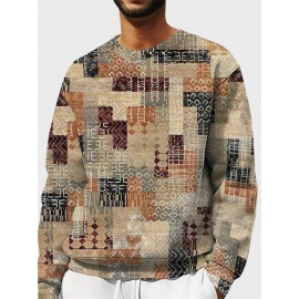 Mens Vintage Geometric Print Crew Neck Pullover Sweatshirts Winter