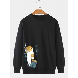 Mens Cute Cat Side Print Crew Neck Pullover Sweatshirts