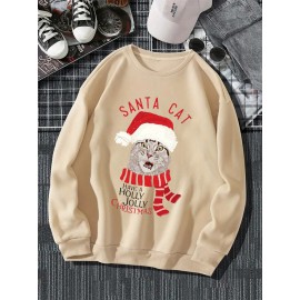 Mens Christmas Cat Letter Print Crew Neck Pullover Sweatshirts Winter