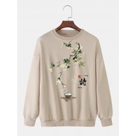 Mens Chinese Style Floral Print Crew Neck Pullover Sweatshirts Winter