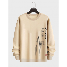 Mens Chinese Mountain Ink Print Crew Neck Pullover Sweatshirts