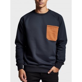 Mens Contrast Chest Pocket Crew Neck Casual Pullover Sweatshirts Winter