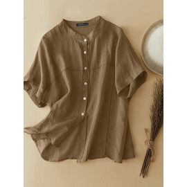 Women Solid Stand Collar Button Up Cotton Short Sleeve Shirt