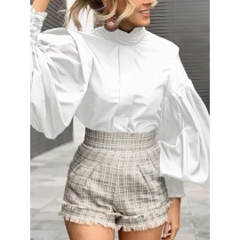 Solid Color Long Lantern Sleeve Ruffle Shirt For Women