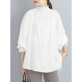 Women Solid Shirred Detail Casual Raglan Sleeve Blouse