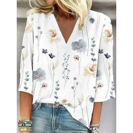 Women Allover Floral Plant Print V-Neck 3/4 Sleeve Blouse