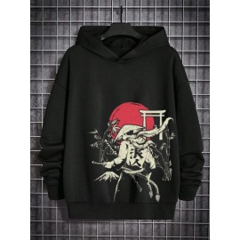 Mens Japanese Ninja Red Sun Print Long Sleeve Hoodies Winter