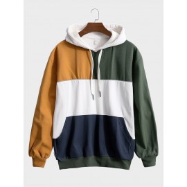 Mens Color Block Patchwork Kangaroo Pocket Loose Drawstring Hoodies Winter