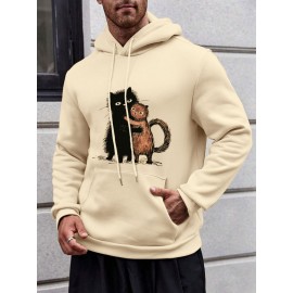 Mens Cute Cat Print Kangaroo Pocket Casual Drawstring Hoodies Winter