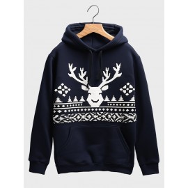 Mens Christmas Elk Snowflake Print Kangaroo Pocket Drawstring Hoodies