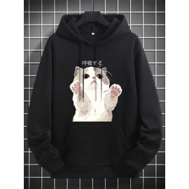 Mens Cartoon Cat Print Kangaroo Pocket Drawstring Hoodies Winter