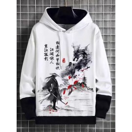 Mens Chinese Figure Landscape Print Patchwork Drawstring Hoodies Winter