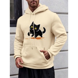 Mens Cartoon Cat Print Kangaroo Pocket Loose Drawstring Hoodies Winter