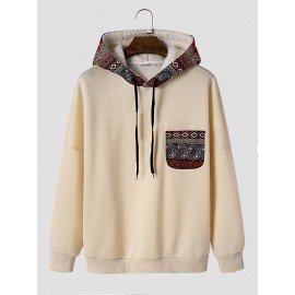 Mens Ethnic Geometric Print Chest Pocket Plush Lined Drawstring Hoodies